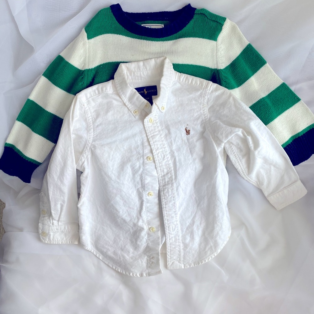 Ralph Lauren button Shirt Size 24mos and Children’s Place Sweater Size 2t.